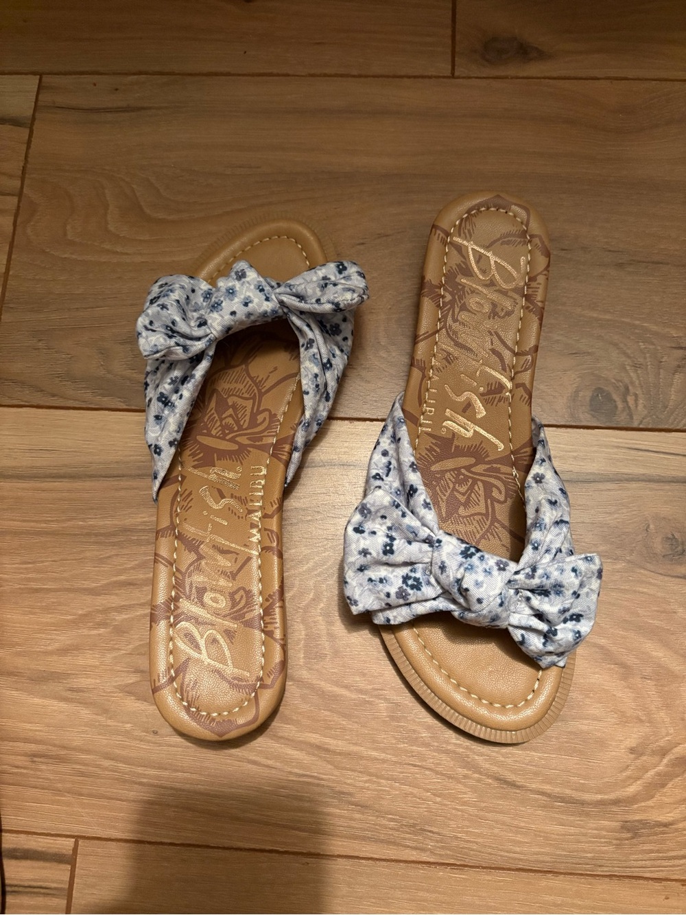 Blowfish Bow Slide Sandals in White with Navy Floral Print